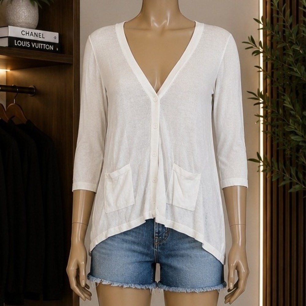 Cupio Womens Cardigan White Lightweight 3/4 Sleeve Sharkbite Hem Medium